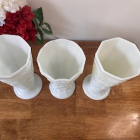 Vintage Milk Glass Vases Set – Grapevine Pattern Pedestal Vases White Floral Emb - Picture 4 of 6